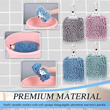 Kinlop Set of 4 Chenille Hand Towels, Fuzzy Ball Towel, Soft Hanging Absorbent Quick Dry, Hedgehog Hand Towel for Drying Bath Kitchen Washstand(Pink, Green, Blue, Gray)