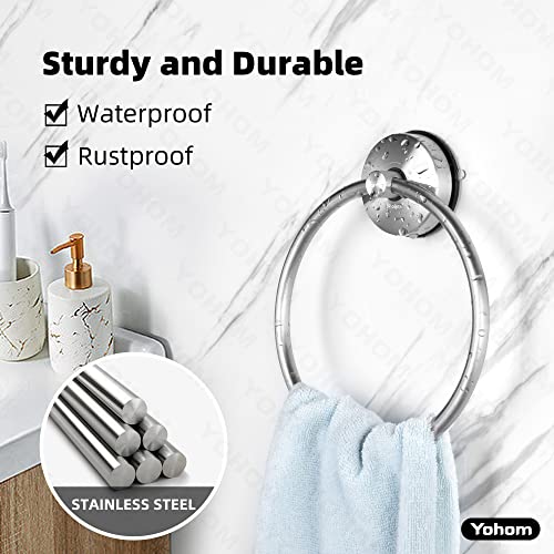 YOHOM Suction Cup Towel Ring Hand Towel Holder for Bathroom Vacuum Suction Washcloth Holder Dish Towel Hanger for Shower Wall No Drill Stainless Steel Brushed Finish - color: Silver