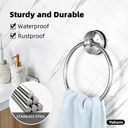 YOHOM Suction Cup Towel Ring Hand Towel Holder for Bathroom Vacuum Suction Washcloth Holder Dish Towel Hanger for Shower Wall No Drill Stainless Steel Brushed Finish - color: Silver