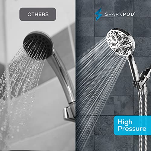 SparkPod 10-Mode Handheld Shower Head, 5 Inch, Polished Chrome Finish | Power Jet Spray, ABS Body Won't Rust, 6 ft. Stainless Hose, Touch-to-Clean Nozzles