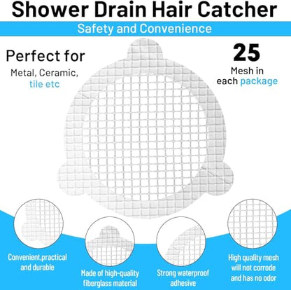 Disposable Shower Drain Hair Catcher, 3.54 Inches Round, 25 PCS | Stickers for Bath & Kitchen, For Human & Pet Hair, Mesh for Bathtub & Laundry, Drain Cover - size: Round - 25 Packs