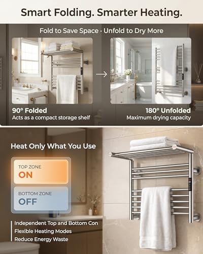 Heated Towel Rack Foldable Smart Dual-Zone APP No-Drill Brushed CA3 - color: Brushed, size: Ultra-13Bar H27.56 x W21.65