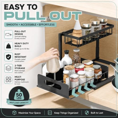 2-Tier Under Sink Organizer, Pull-Out Cabinet Storage Rack, Black, Adjustable Height 13.8 to 16.9 Inches