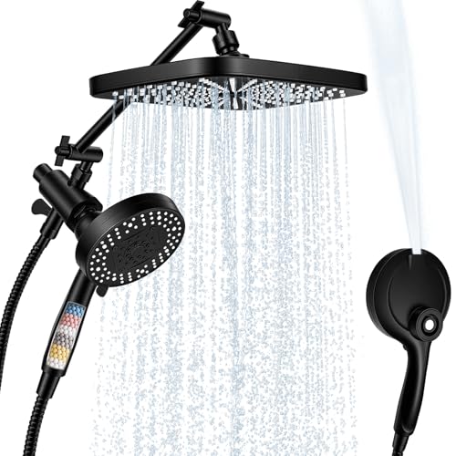 Black Shower Head with Handheld, Adjustable Rain Shower Head with Spray Combo, One-piece High Pressure Filtered Shower Head with Handheld, Built-in Magnetic Docking and Power Jets