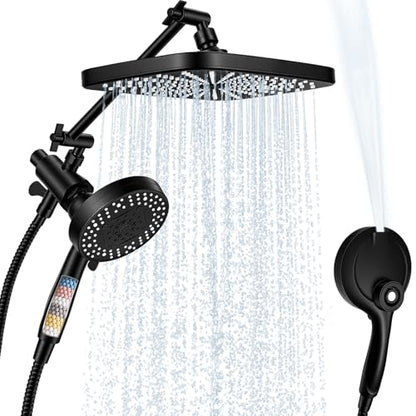 Black Shower Head with Handheld, Adjustable Rain Shower Head with Spray Combo, One-piece High Pressure Filtered Shower Head with Handheld, Built-in Magnetic Docking and Power Jets