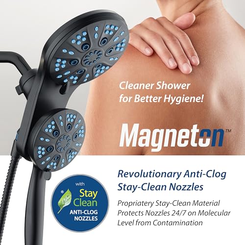 AquaCare Magneton 48-Mode High Pressure Rain & Handheld Shower Head Combo | Space-age Magnetic Guidance Docking, Dual 6-mode Heads with Hygienic Jets, Extra-long 6 ft. Stainless Steel Hose / Black - color: Matte Black