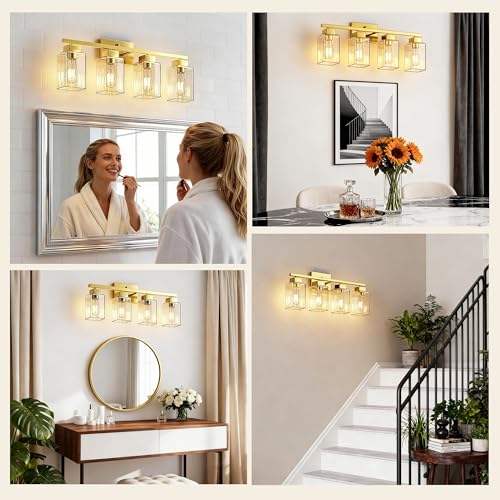 4-Light Bathroom Light Fixtures, Brushed Gold Modern Vanity Lights, Bathroom Lighting Fixtures Over Mirror, Square Design Farmhouse Wall Sconces with Clear Glass Shades - color: Brushed Gold, size: 4-Light