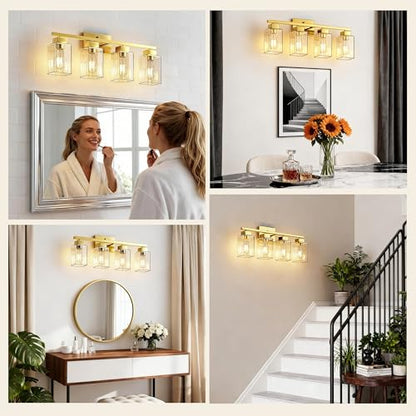 4-Light Bathroom Light Fixtures, Brushed Gold Modern Vanity Lights, Bathroom Lighting Fixtures Over Mirror, Square Design Farmhouse Wall Sconces with Clear Glass Shades - color: Brushed Gold, size: 4-Light