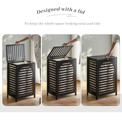 Laundry Hamper with Lid,Bamboo Large Waterproof Clothes Laundry Basket,Removable Washing Bags with Handles,clothes basket (Black) - color: Black