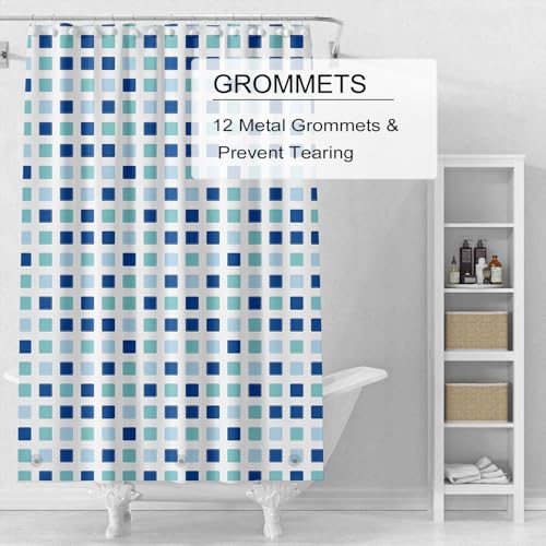 TIKABC Shower Curtain Liner, 4G PEVA Shower Liner, Plastic Waterproof Shower Curtains, 72x72 inch with Grommet Holes 3 Magnetic Weights - color: Blue Green Blocks