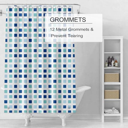 TIKABC Shower Curtain Liner, 4G PEVA Shower Liner, Plastic Waterproof Shower Curtains, 72x72 inch with Grommet Holes 3 Magnetic Weights - color: Blue Green Blocks