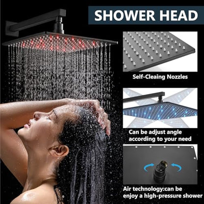 Aolemi Shower Faucet Set with Valve Handheld 16" LED Head Matte Black | Handheld Spray,16 Inch Rain LED Head,Valve and Trim Kit,All Metal,Wall Mount Shower System,Bathroom Mixer - color: Black, size: 16 Inch LED Shower Head