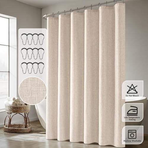 ANRODUO Beige Extra Long Linen Fabric Shower Curtain Set - W72xL108 | Farmhouse Shower Curtain with 12 Metal Hooks, Waterproof Heavy Duty, Button Hole Design, Machine Washable for Bathroom - color: Beige, size: 72"W x 108"L (Pack of 1)
