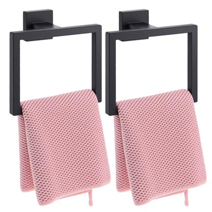 2 Pack Matte Black Towel Ring, Stainless Steel Hand Towel Holder, Modern Square Wall Mounted Bathroom Rack Hangers