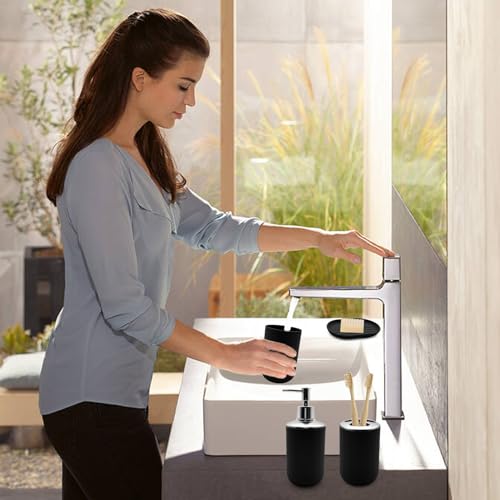 Bathroom Accessory Set, 4 pcs Shatter-Resistant Resin Bathroom Accessories Set Include Lotion Soap Dispenser Toothbrush Holder Soap Dish Modern Bathroom Decor, Gift for Home (Black 4pcs) - style: Black 4pcs