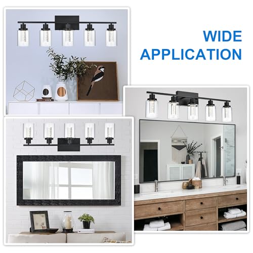MELUCEE LED Bathroom Vanity Light 5-Light Dimmable Bathroom Light Bar | 5CCT 3000K-6000K Modern Black Vanity Lighting Fixtures with Crystal Bubble Clear Glass Shade, Built-In LED Chips - color: Black, size: LED-5 Lights
