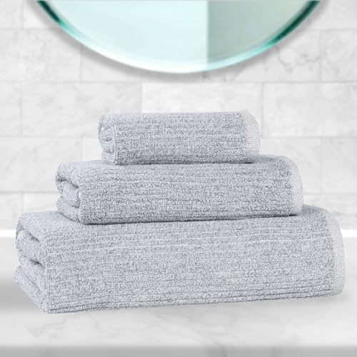 Superior Destin Viscose Cotton Blend Medium Weight Towels, for Bathroom, Shower, Spa, Plush, Quick Dry, Ultra-Soft Towels, Bath Essentials, Ribbed Design, 3 Piece Assorted Towel Set, Denim Blue - color: Denim Blue, size: 3 Piece Towel Set