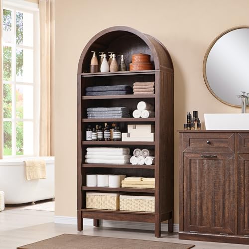 IFBUY 71" Tall Arched Bathroom Storage Cabinet, 7-Tier Modern Farmhouse Storage Cabinet with Adjustable Shelves, Wood Freestanding Cabinet for Bathroom, Living Room, Entryway, Hallway-Brown - color: Brown, size: 71" Tall 7-Tiers(Large)
