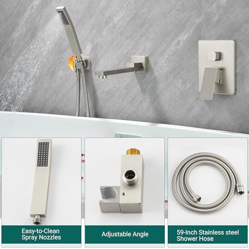 DASAN Swiveling Wall Mount Tub Filler Faucet Set with Hand Held Shower, Brushed Nickel Modern Creative Bathtub Faucet Wall Mounted Bath Tub Faucet with High Flow Rough in Valve, SA-TF05WH-BN - color: Brushed Nickel
