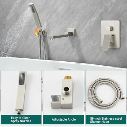DASAN Swiveling Wall Mount Tub Filler Faucet Set with Hand Held Shower, Brushed Nickel Modern Creative Bathtub Faucet Wall Mounted Bath Tub Faucet with High Flow Rough in Valve, SA-TF05WH-BN - color: Brushed Nickel