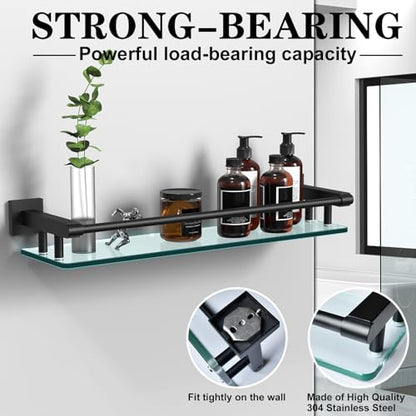 Bathroom Glass Shelf 20IN Rectangular Stainless Steel Tempered Glass Shelves Modern Stainless Steel Wall Mount Bathroom Shelf (Matte Black, 20‘’) - color: Matte Black, size: 20'' with Railing