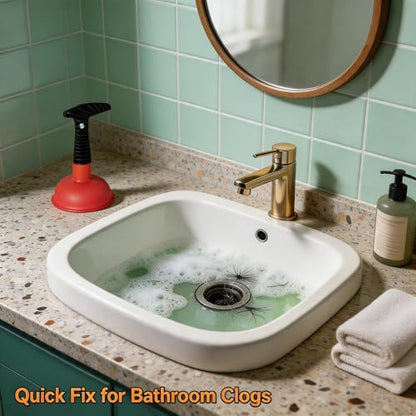Mini Sink Plunger with Short Handle - Heavy Duty Rubber Cup & Powerful Suction for Clogged Sinks, Showers, Tubs & Bathroom Drains - Compact & Space Saving - Yellow