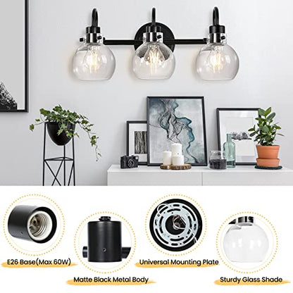 Bathroom Light Fixtures, Black 3 Lights Vanity Light, Farmhouse Wall Sconces with Globe Glass Shade, Porch Wall Mount Lamp for Mirror, Kitchen, Porch Living Room Workshop (E26 Base) | Farmhouse Wall Sconces with Clear Globe Glass Shade, Wall Mount Lamp fo