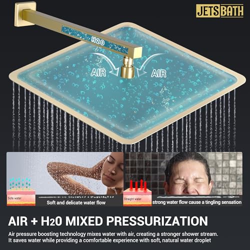 16" Thermostatic Dual Rainfall Head Shower System with Handheld & Valve, 16-Inch Shower Faucet Set with 6-Inch Shower Head, JetsBath Brushed Gold Full Body Shower System for Couples/2-Person