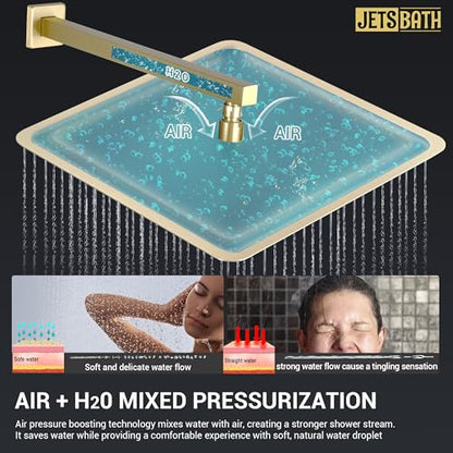 16" Thermostatic Dual Rainfall Head Shower System with Handheld & Valve, 16-Inch Shower Faucet Set with 6-Inch Shower Head, JetsBath Brushed Gold Full Body Shower System for Couples/2-Person