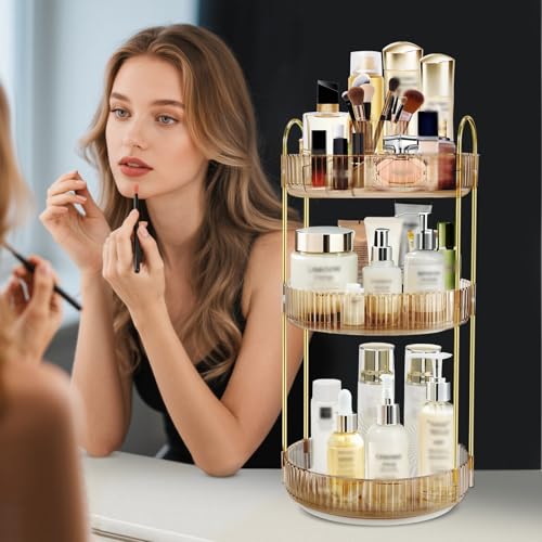 360 Rotating Makeup Organizer, 3 Tier Vanity Counter Storage (Gold) | Clear Acrylic-Like Trays with Gold Frame, 360° Spinning, for Vanity, Bathroom, Perfume, Cosmetics, Skincare - color: New-GOLD2