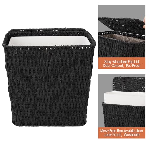 Coeusy 3 Gallon Paper Rope Bathroom Trash Can,Small Wicker Trash Cans with Lid and Liner,Woven Rattan Narrow Waste Basket for Bedroom,Office,Black - color: Black