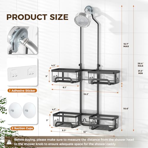 REINHARDT Split Shower Caddy Hanging for Handheld Showerheads, Black | Adjustable Shower Organizer, Rustproof, 16 Hooks, Soap Holder, 40lbs Capacity, Anti-Slip, Tool-Free, Bathroom Accessories - color: Black