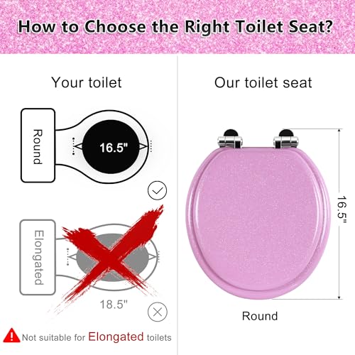 Angol Shiold Glitter Toilet Seat, Slow Close (Round, Pink) | Molded Wood Round Toilet Seat, Quiet Close, Quick Release Hinges, Easy to Install and Clean - color: Pink, size: Round 16.5‘’