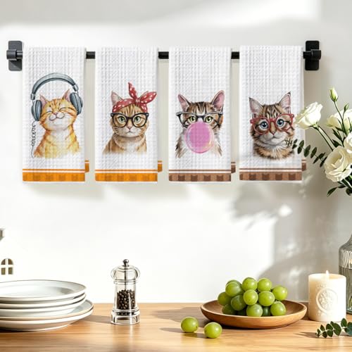 Hanamiya Na 4 Pcs Funny Cat Kitchen Hand Towels 24x14 Inch - color: Multi 1350