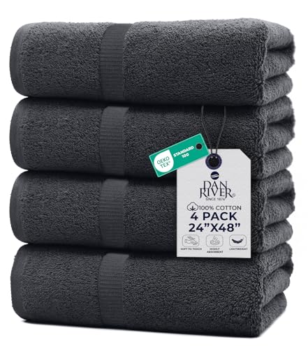 DAN RIVER 4 Pack Cotton Bath Towels 24x48 Inches, Dark Gray | Lightweight, Absorbent, Super Quick Dry towels, Soft & Durable Thick Body Towels for Home, Gym and Spa - color: Dark Grey, size: Bath Towel (24x48)