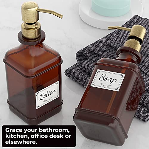 GLADPURE Soap Dispenser 2 Pack, Hand Soap Dispensers with 18 Oz Antique Design Thick Amber Glass Bottle, 316 Rust Proof Stainless Steel Pump, 6Pcs Stickers, for Lotion, Soap - Brushed Gold - color: Brushed Gold