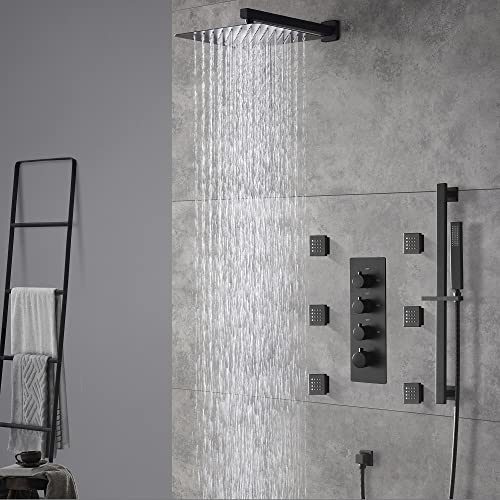 Cascada Luxury 12” Rainfall Shower set (Wall Mounted) with 4 knob thermostatic Valves & 3 functions (Rainfall, Body jets & Hand Shower) (Matt Black) - color: Matt Black
