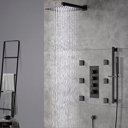 Cascada Luxury 12” Rainfall Shower set (Wall Mounted) with 4 knob thermostatic Valves & 3 functions (Rainfall, Body jets & Hand Shower) (Matt Black) - color: Matt Black