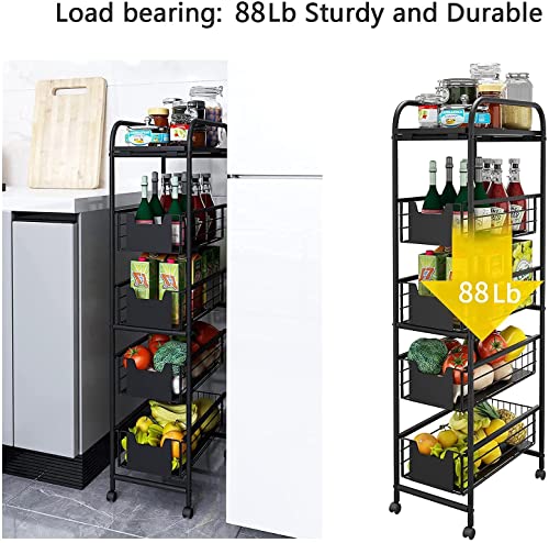 WHIFEA 5 Tier Slim Rolling Cart with Pull-Out Drawers, Multi-Layer Narrow Storage Shelf Organizer on Wheels, Metal Wire Baskets for Fruit, Dishes, Freestanding Unit for Kitchen, Bathroom, Home Office
