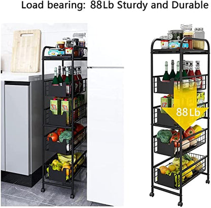 WHIFEA 5 Tier Slim Rolling Cart with Pull-Out Drawers, Multi-Layer Narrow Storage Shelf Organizer on Wheels, Metal Wire Baskets for Fruit, Dishes, Freestanding Unit for Kitchen, Bathroom, Home Office