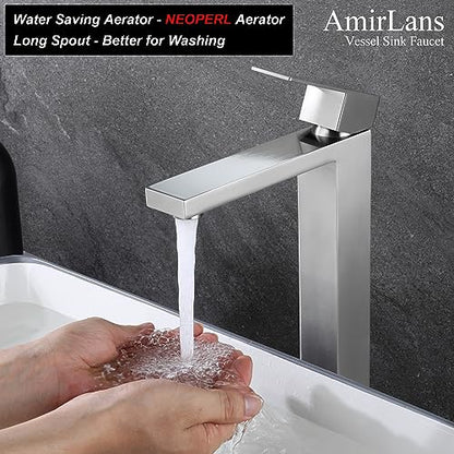Brushed Nickel Vessel Sink Faucet, Tall Bathroom Faucet 1 Hole | Stainless Steel Single Hole Bathroom Sink Faucet, Tall Vanity Faucet with Pop Up Drain - color: Brushed Nickel, size: Tall