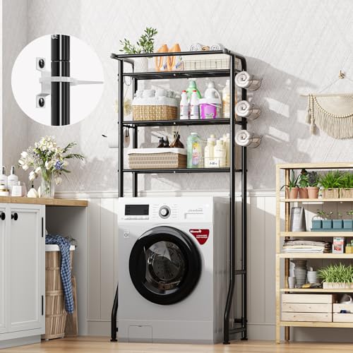 Simple Trending Over The Toilet Storage Cabinet, Metal Bathroom Shelf Organizer with Paper Holder and Hooks, 3 Tier, Black - color: Black With Towel Rack