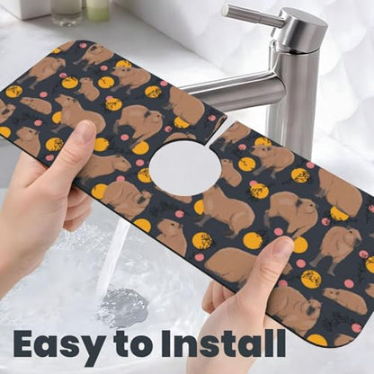 Capybara Doodle Botanical Circle Wildlife Kitchen Sink Splash Guard Faucet Mat Super Absorbent Fast Drying Mat Sink Gadgets-Fast Drying Pad Sink Mat For Kitchen Bathroom (15" X 5.5" ) - color: Capybara