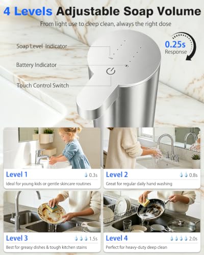 Touchless Automatic Liquid Soap Dispenser, Stainless Steel, Rechargeable | 4 Levels Adjustable, No Clog,13.5oz Capacity,IPX5 Waterproof, Wall Mount, For Hand & Dish Soap, Bathroom Kitchen Hotel Use - color: Stainless Steel