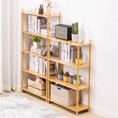 4-Tier Expandable Freestanding Open Bamboo Book Shelf - No-Tool Assembly & Modular,Bathroom Storage Shelf Unit Plant Stand for Small Space, Bedroom, Living Room, Home Office (Natural, 4-Tier) - color: Natural 4-tier-1