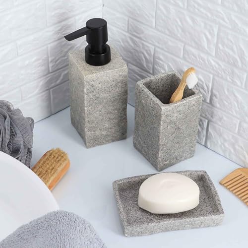 Collection Stone Effect Bath Accessory Set-4 Pieces, Resin, Gray | Soap Dispenser, Tumbler, and Toilet Brush Holder, Contemporary, Durable Construction, Bathroom Accessories Set, Easy to Clean - size: Gray