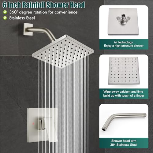 Heyalan 6 Inch Shower Set with Tub Spout and Valve,Brushed Nickel | 6-inch square rainfall head, tub spout with diverter, male-thread rough-in valve, single-handle control and wall-mount design - color: Brushed Nickel, size: 6 Inch Square Shower Head