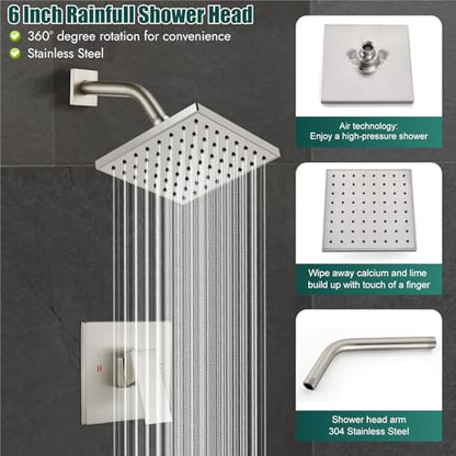 Heyalan 6 Inch Shower Set with Tub Spout and Valve,Brushed Nickel | 6-inch square rainfall head, tub spout with diverter, male-thread rough-in valve, single-handle control and wall-mount design - color: Brushed Nickel, size: 6 Inch Square Shower Head