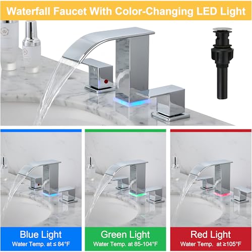 LED Bathroom Faucet 3 Hole, Chrome Waterfall Bathroom Faucets, 8 Inch Widespread Modern Bathroom Sink Faucet & Parts, Wide Spread Touch On Three Hole 2 Handle 3 Piece Bathroom Vanity Faucet - color: Chrome