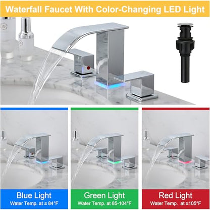 LED Bathroom Faucet 3 Hole, Chrome Waterfall Bathroom Faucets, 8 Inch Widespread Modern Bathroom Sink Faucet & Parts, Wide Spread Touch On Three Hole 2 Handle 3 Piece Bathroom Vanity Faucet - color: Chrome